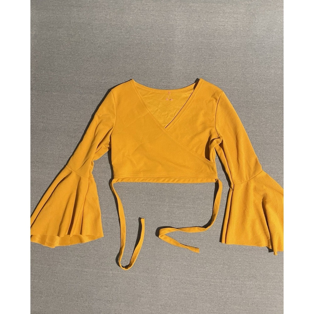 Yellow Wrap Crop‎ Top Womens Medium Bell Sleeve Tie Front Festival Boho Top